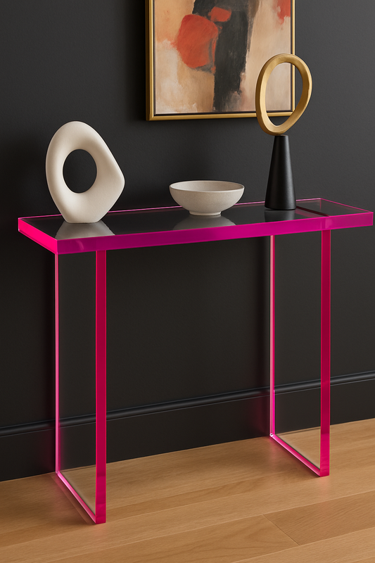 Stylish Pink Acrylic Console Table with a minimalist silhouette, ideal for showcasing decor in any room.