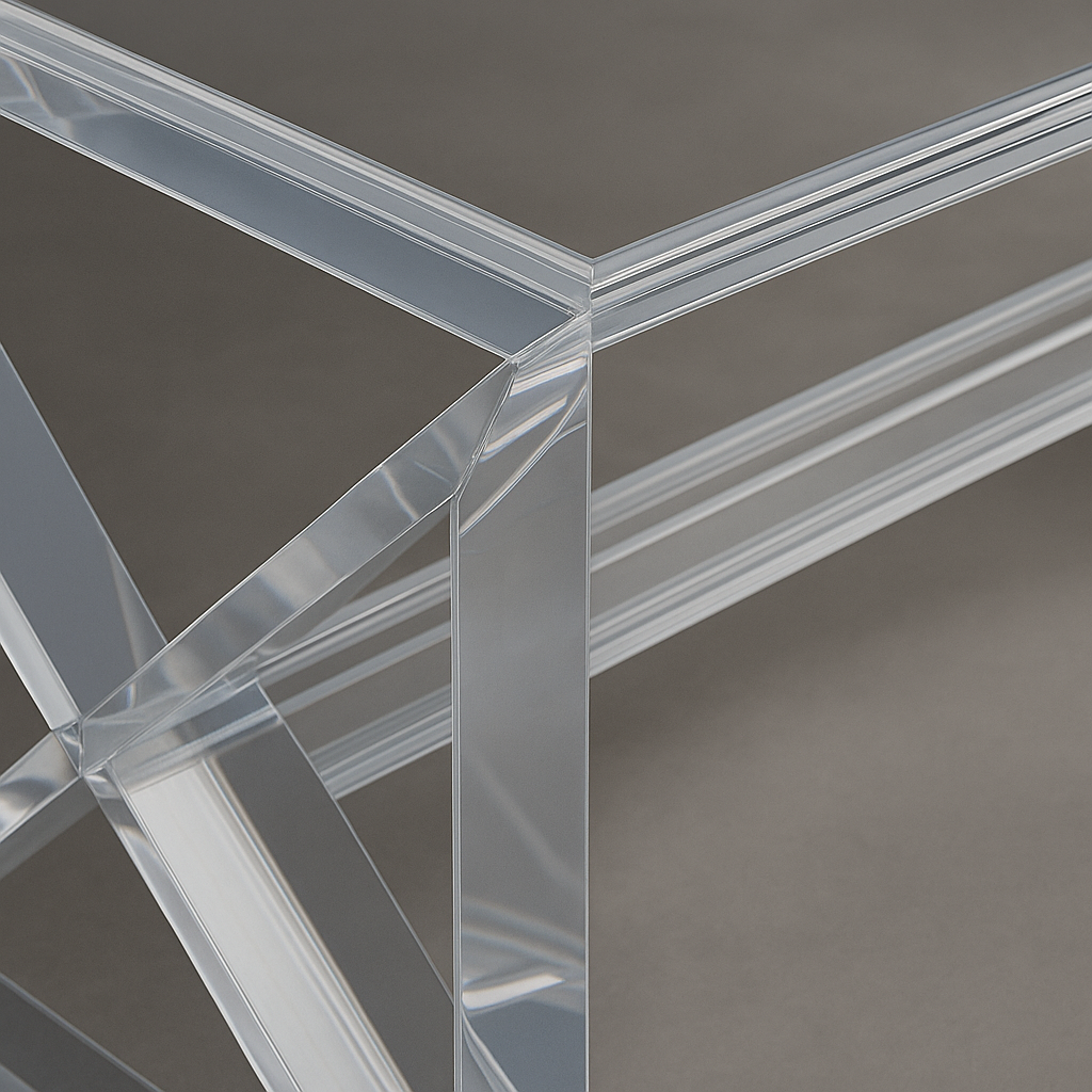 Side view of the X Prism Lucite Coffee Table displaying its seamless construction and stunning acrylic finish.
