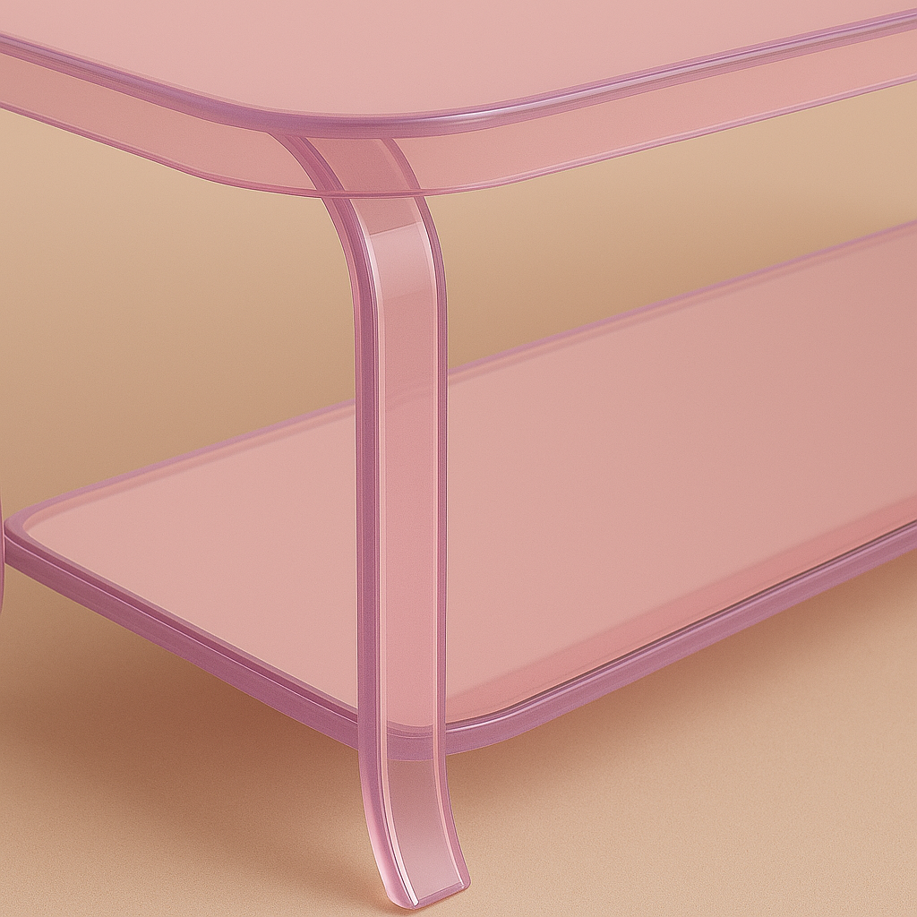 Elegant Rosé Acrylic Coffee Table standing out in a sunlit lounge, emphasizing its artistic and minimalist appeal.