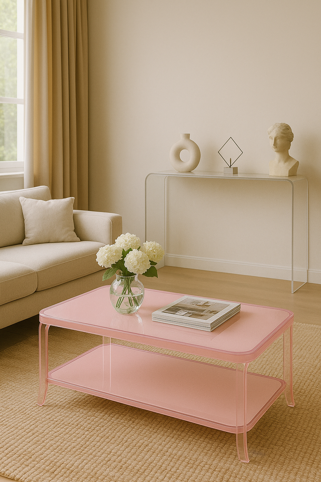 Close-up view of Rosé Acrylic Coffee Table's mirror-finish lower shelf and transparent design, highlighting its acrylic craftsmanship.