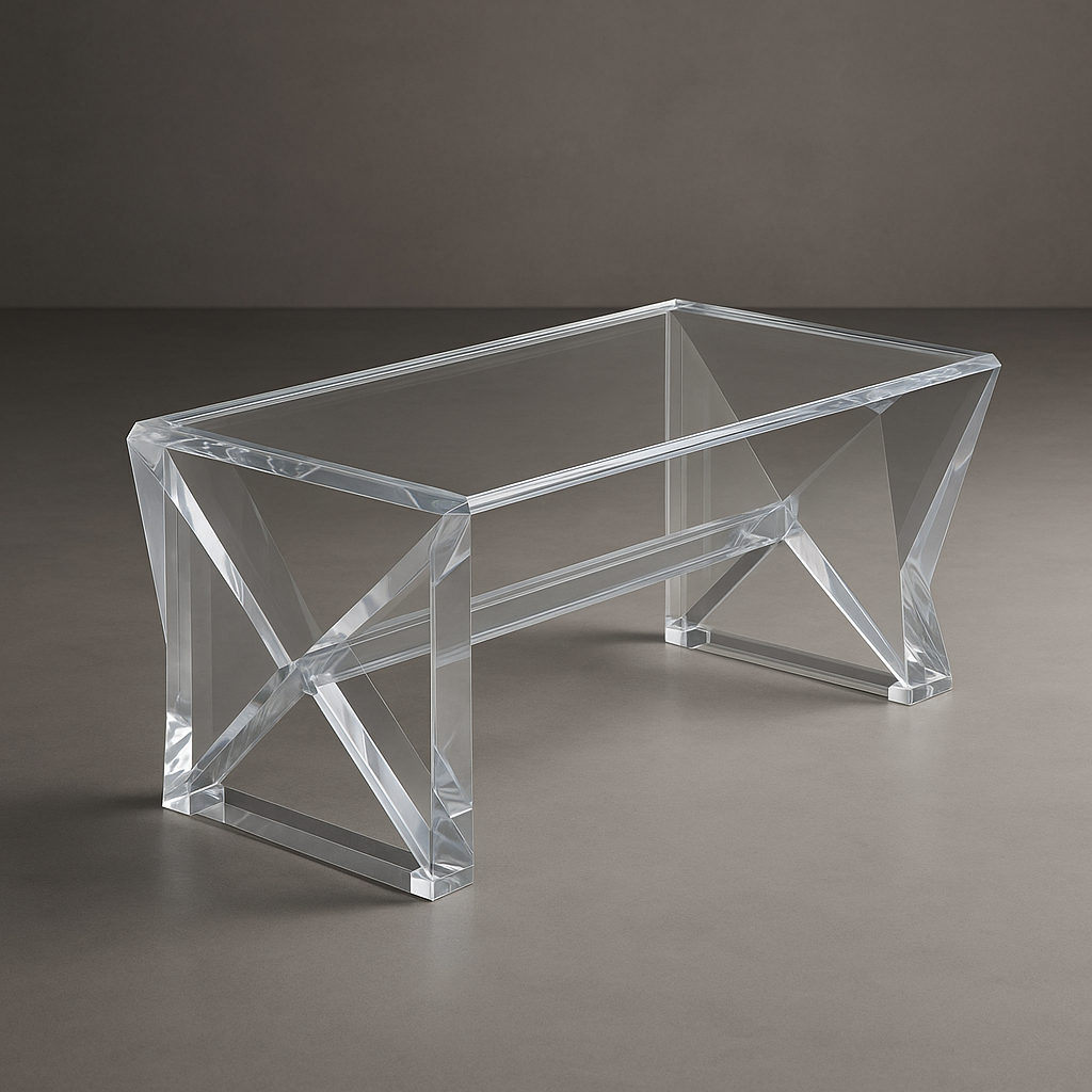 X Prism Lucite Coffee Table against a neutral backdrop, accentuating its bold design and durable 30mm acrylic.