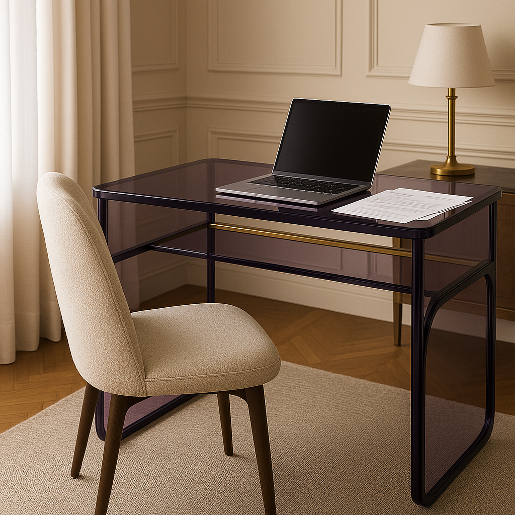 Modern Luxe Acrylic Desk in Transparent Purple - Full view of this luxurious acrylic desk, demonstrating its blend of functionality and artistry in a vibrant transparent purple hue.