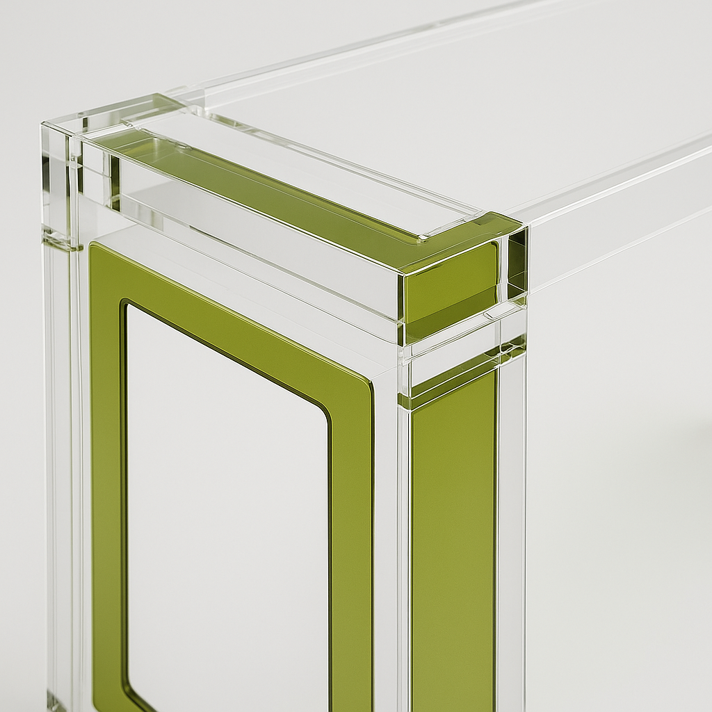 Lifestyle image of Luminous Olive Edge Acrylic Executive Desk, perfect for contemporary workspaces with natural light.