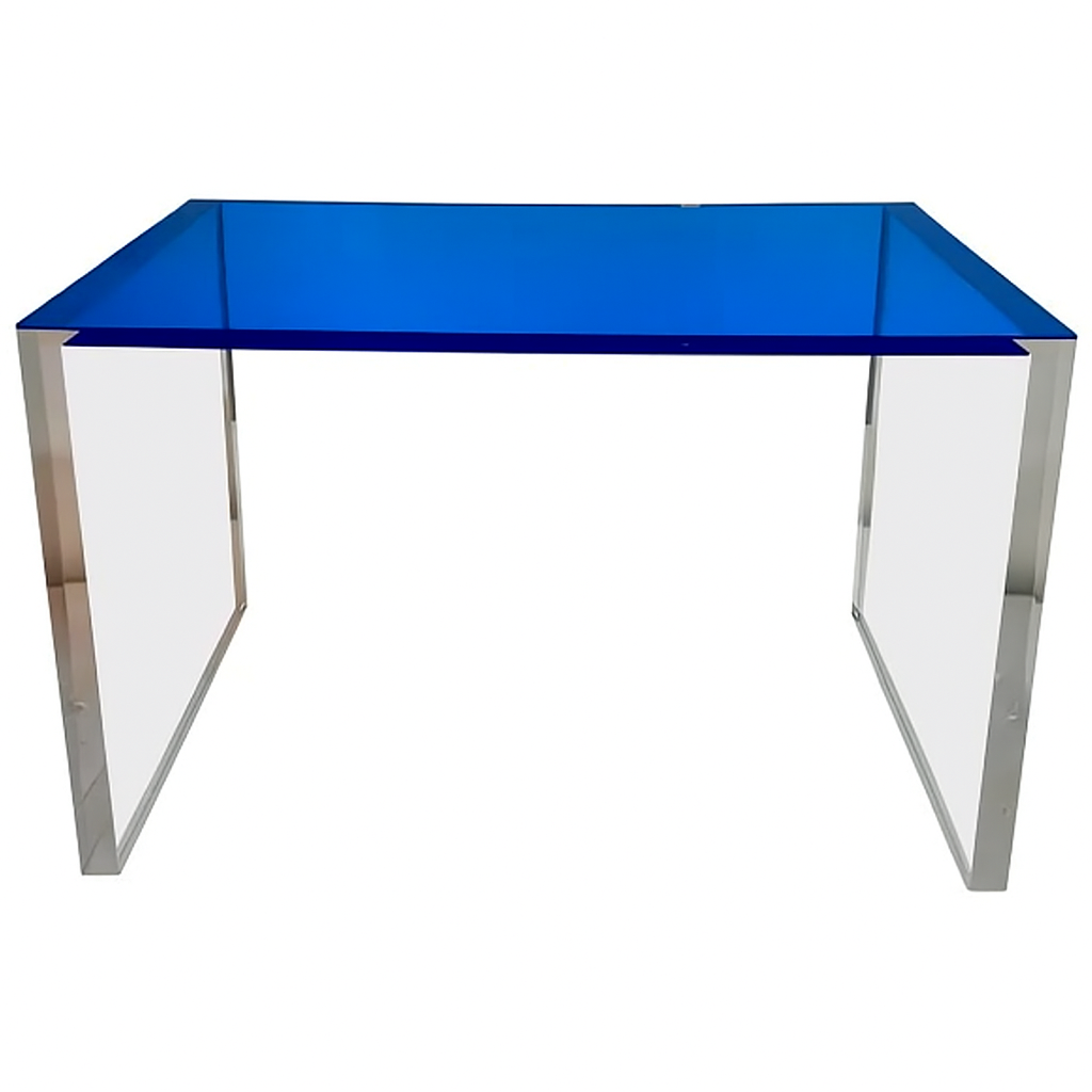 A close-up view of the Modern Blue Acrylic Desk showcasing its cobalt blue top and clear acrylic legs, ideal for contemporary workspaces.