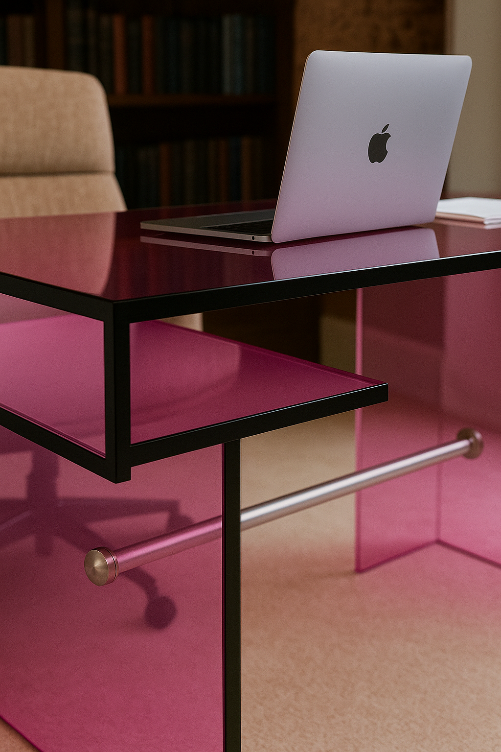 Close-up view of Lucent Radiance: Modern Fuchsia Acrylic Desk highlighting its high-quality transparent pink acrylic material and geometric lines.