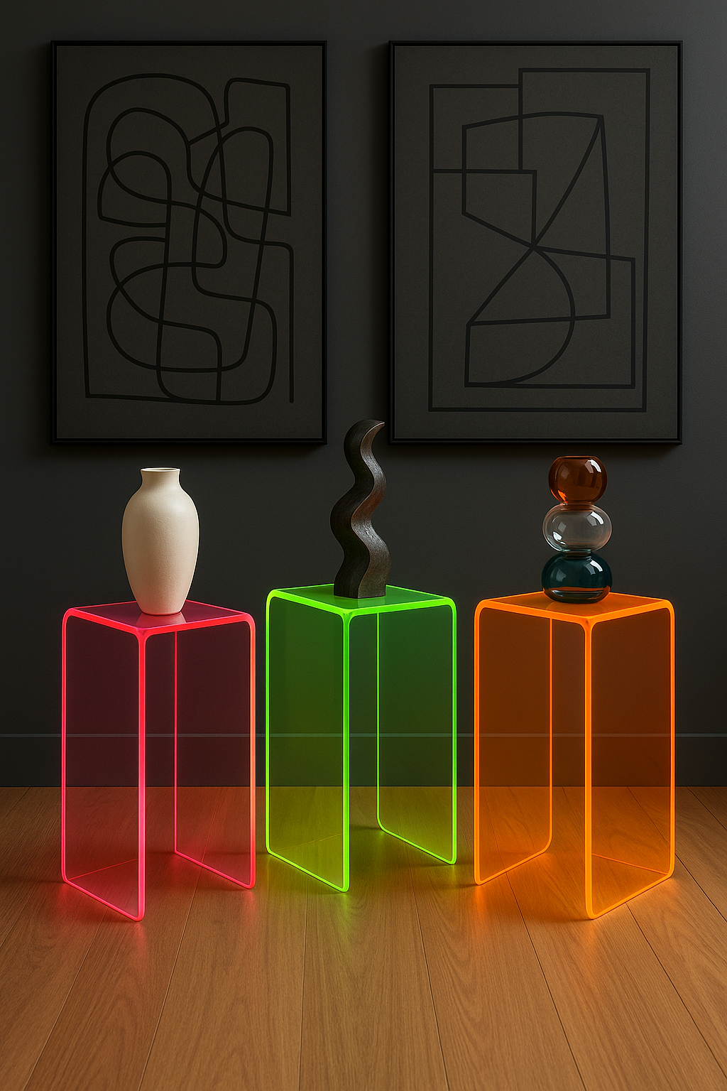 Acrylic Neon Pedestal set showcasing vibrant colors in a modern living space - perfect neon acrylic pedestal set for contemporary interior design.