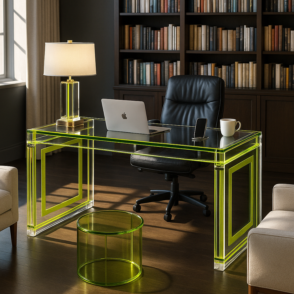 Close-up of Luminous Olive Edge Acrylic Executive Desk highlighting the elegant details and crystal-clear acrylic material.