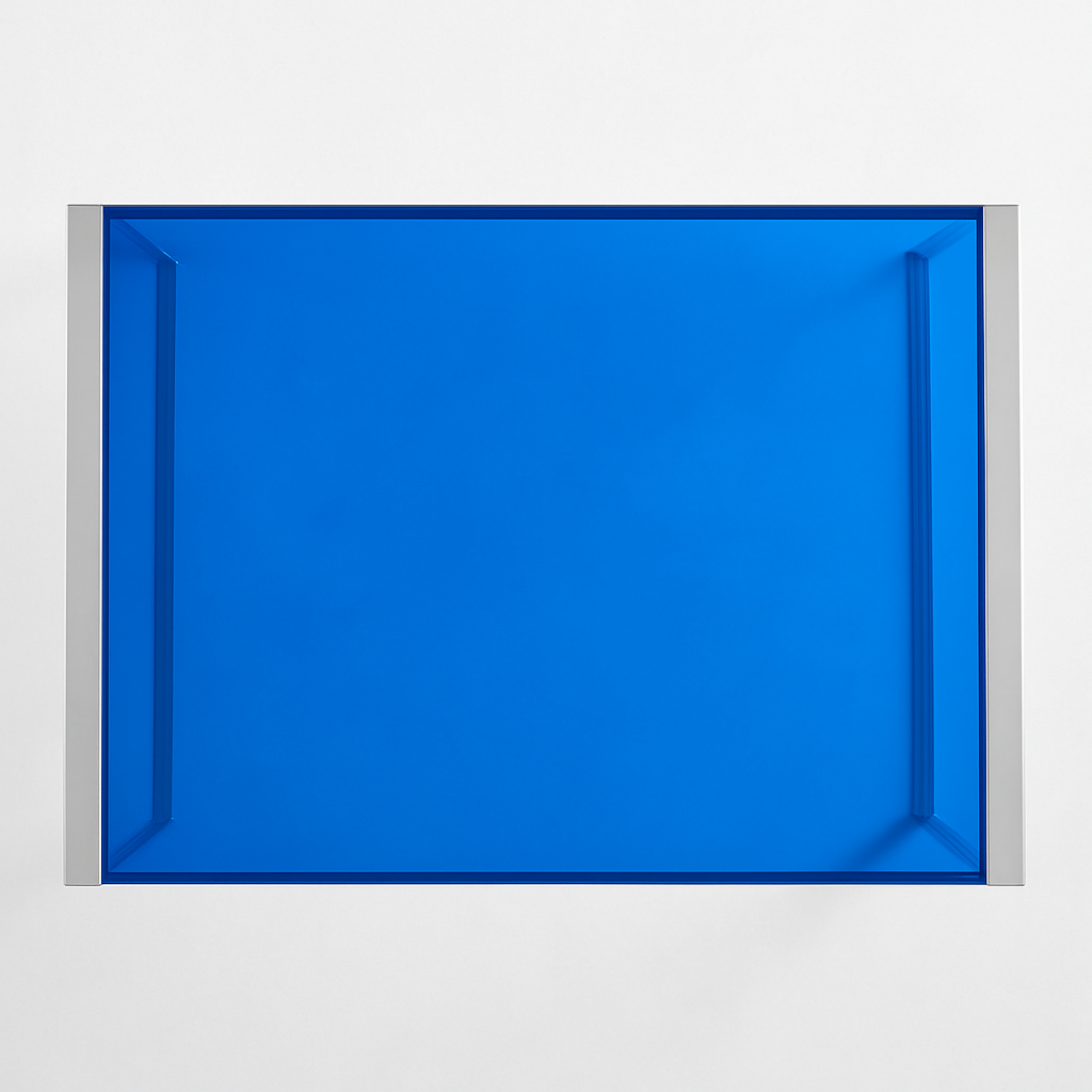 An angled shot of the Modern Blue Acrylic Desk highlighting its architectural details and floating effect with transparent acrylic legs.