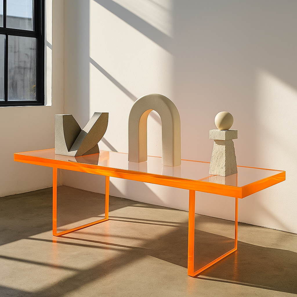 Modern Acrylic Console Table showcasing a transparent top with vibrant orange frame, perfect for adding a sophisticated touch to any room.