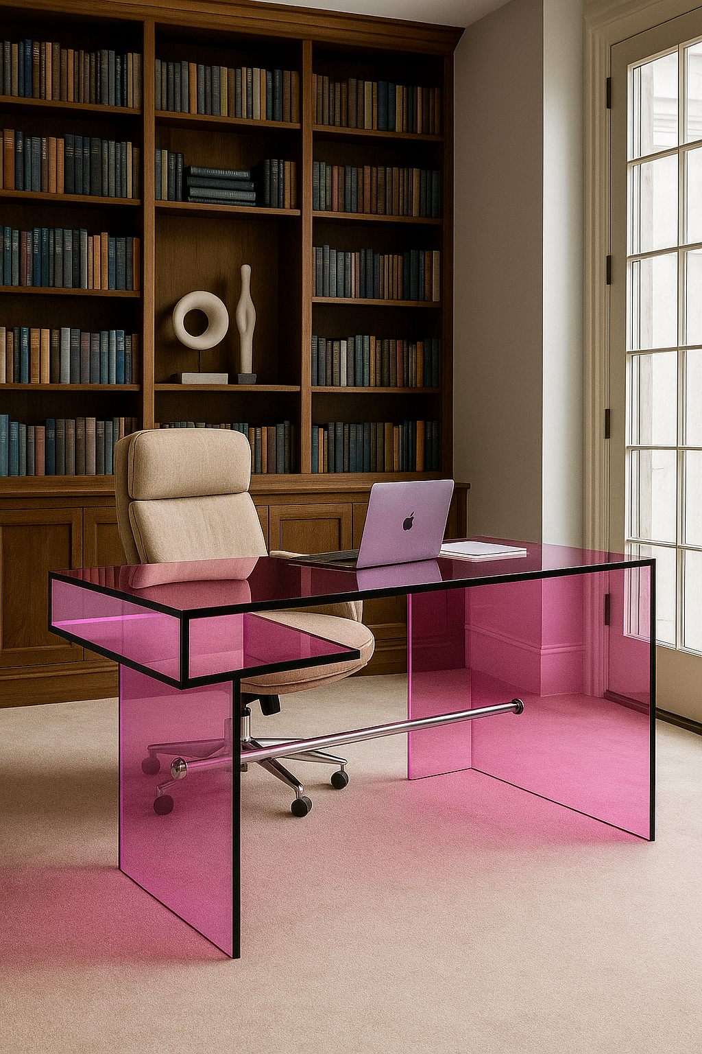 Lucent Radiance: Modern Fuchsia Acrylic Desk with an asymmetrical floating shelf, perfect for adding style and functionality to a creative workspace.
