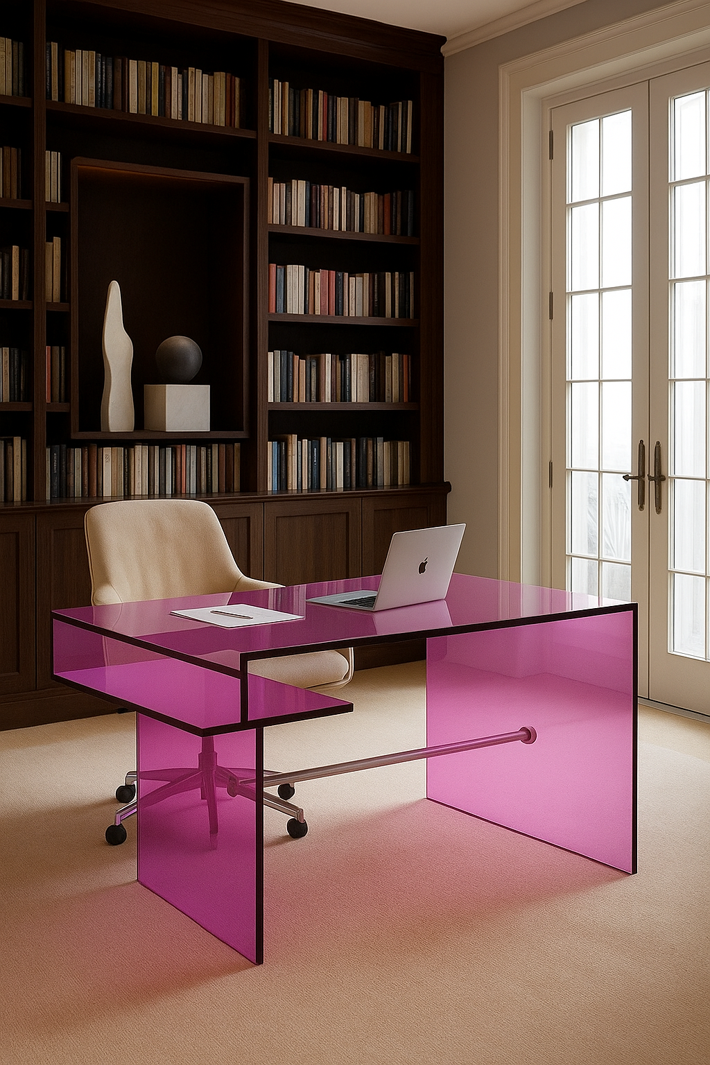 Lucent Radiance: Modern Fuchsia Acrylic Desk beautifully arranged in a sunlit home office, demonstrating its elegant and modern design.
