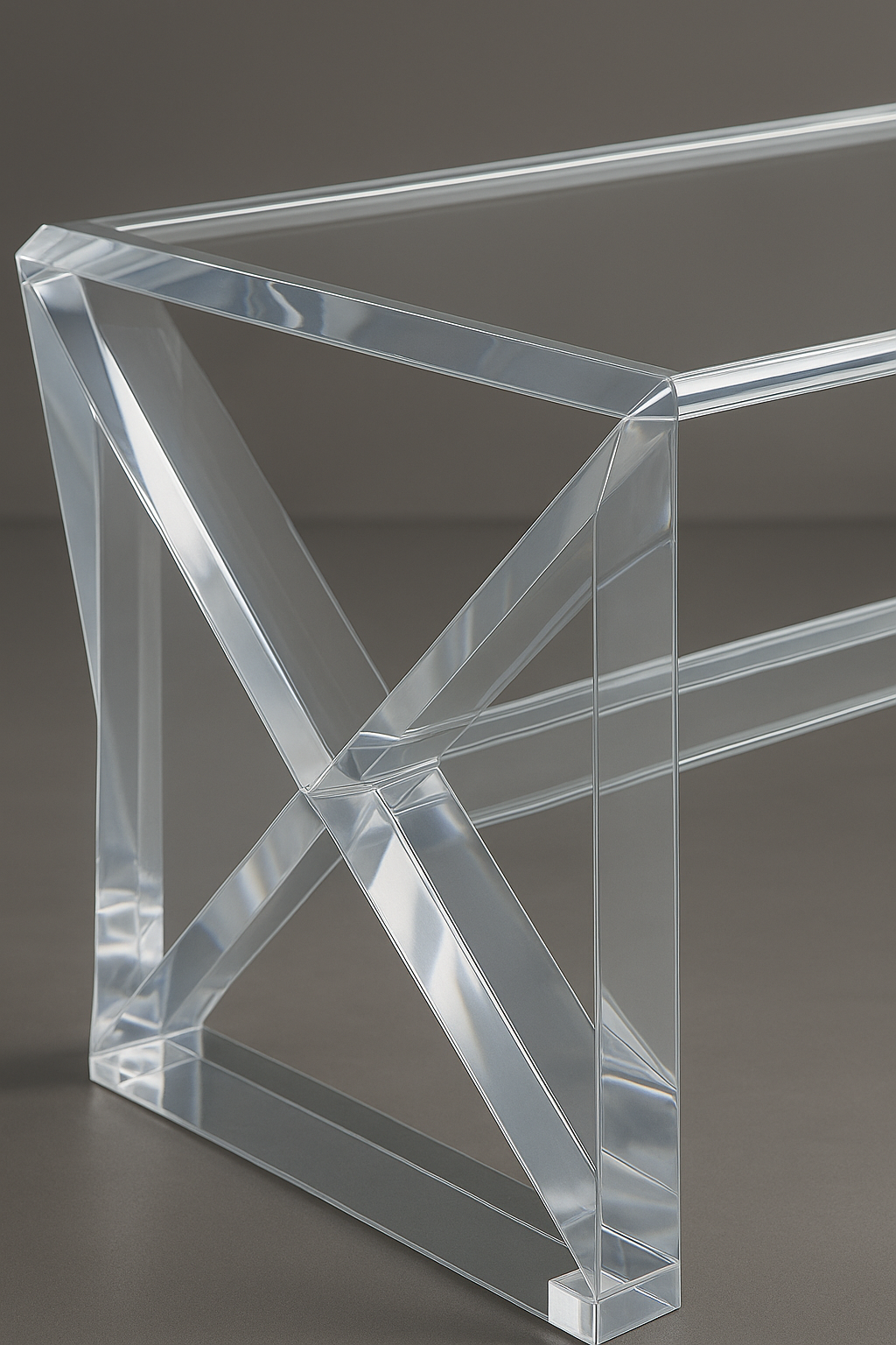 X Prism Lucite Coffee Table in a stylish living room setting, highlighting its transparent form and contemporary design.
