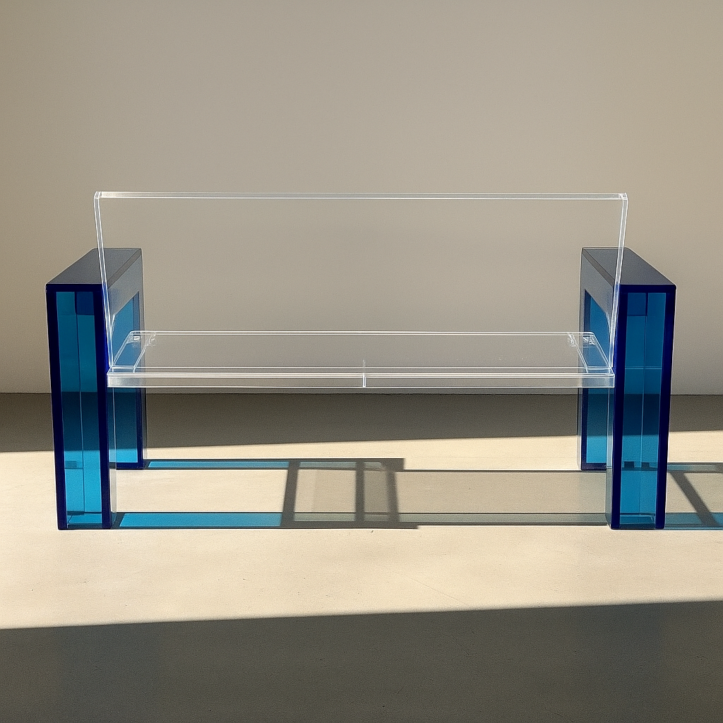 Elegant entryway featuring the Sculptural Acrylic Bench with Blue Accents. Perfect for modern interiors.