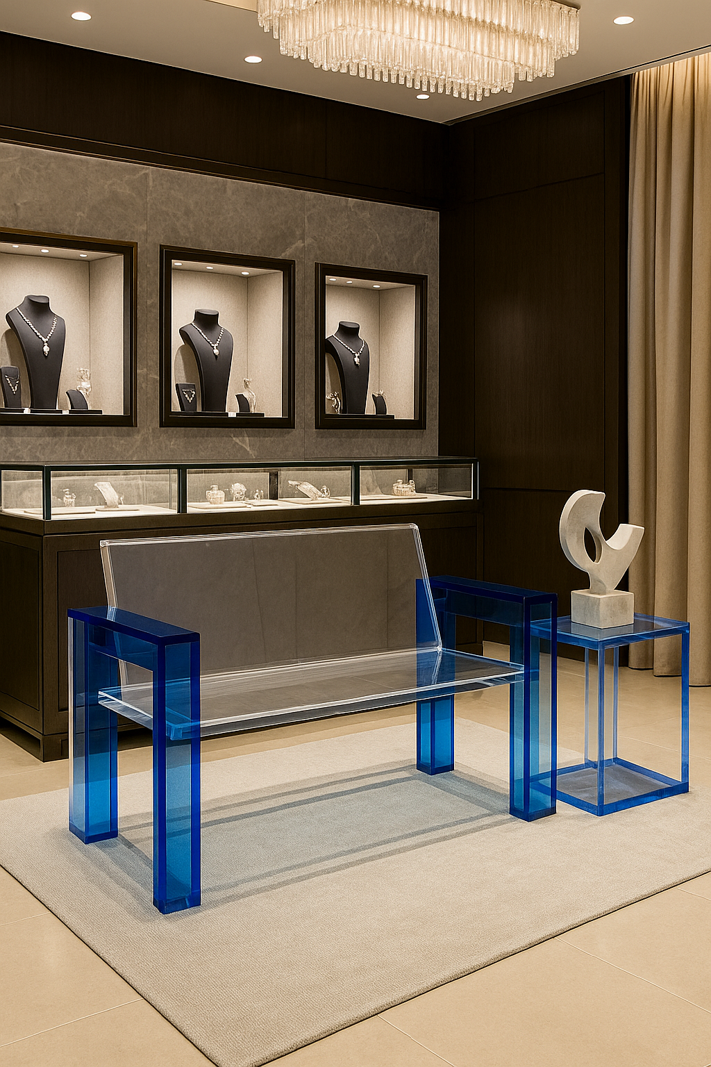 Minimalist space showcasing the ACRYLIC bench as a functional art piece blending seamlessly with its surroundings.