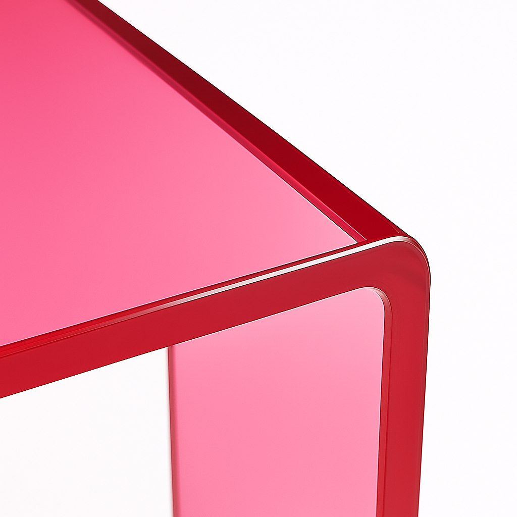 Elegant view of the Acrylic Double-Decker Transparent Fuchsia Console highlighting its stylish lines and transparent fuchsia table color.