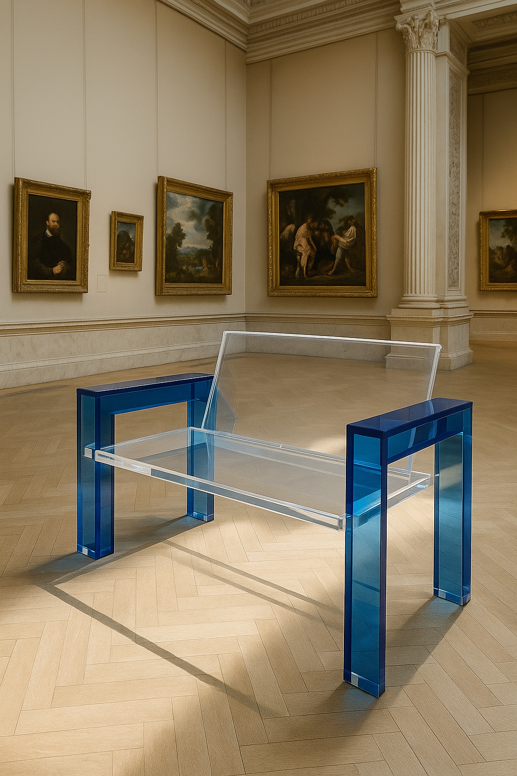 Sculptural Acrylic Bench photographed in a bright room, emphasizing its floating silhouette and contemporary design.