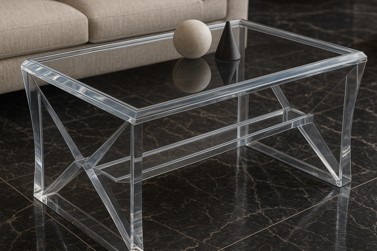 Lifestyle shot of the X Prism Lucite Coffee Table as a centerpiece, fitting seamlessly into various color palettes.