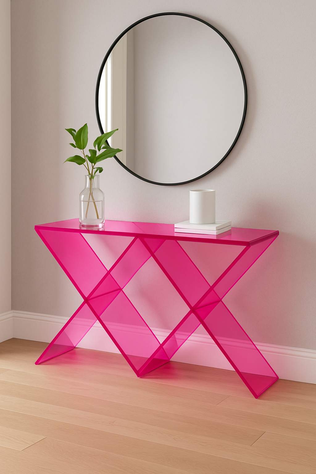 Stylish living room featuring the Acrylic X Console Table Neon Pink, an eye-catching acrylic console table that adds elegance and color to the decor.