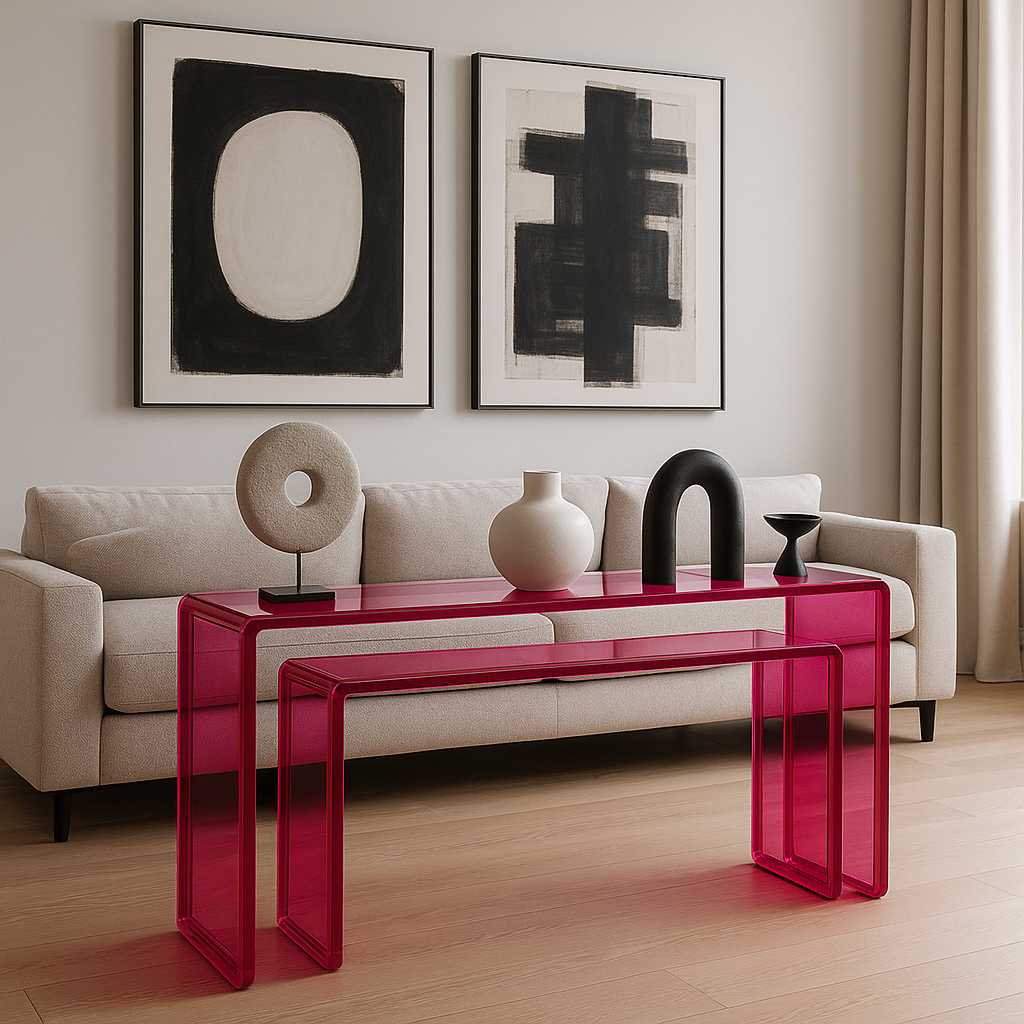 Acrylic Double-Decker Transparent Fuchsia Console showcasing sleek design and vibrant color, perfect as a sophisticated addition to modern decor.