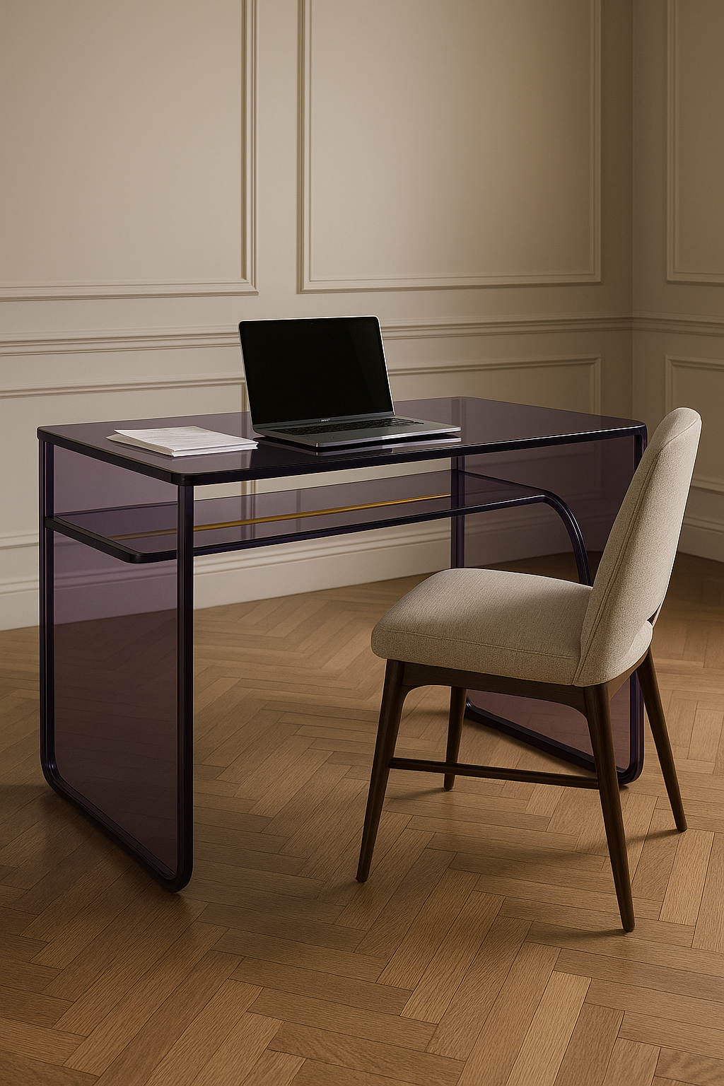 Modern Luxe Acrylic Desk in Transparent Purple - Close-up view showcasing the smooth surface and sleek design of this acrylic desk, ideal for any modern home office.