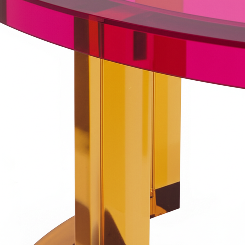 Close-up view of the Bold Acrylic Round Coffee Table, highlighting the smooth magenta surface and sleek amber-toned legs, ideal for modern decor.