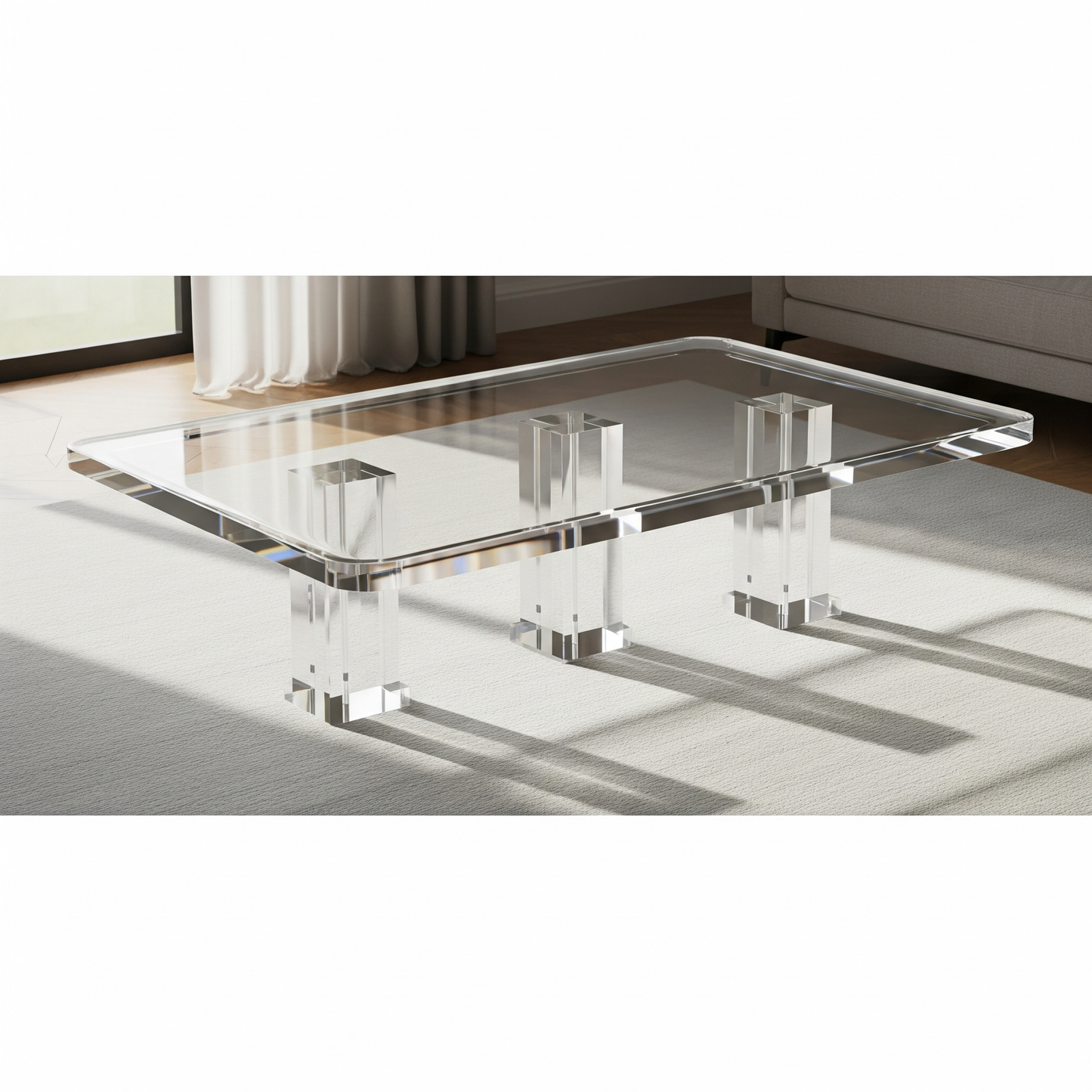 Close-up of the Modern Clear Acrylic Coffee Table With Sculptural Base highlighting the 30mm thick acrylic material.