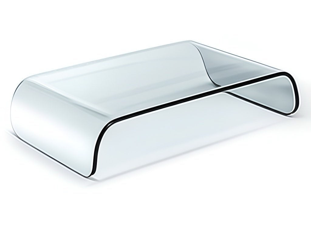 Close-up view of the Curved Edge Clear Acrylic Coffee Table, highlighting its luxurious acrylic finish and contemporary style suited for stylish lounges and office environments.
