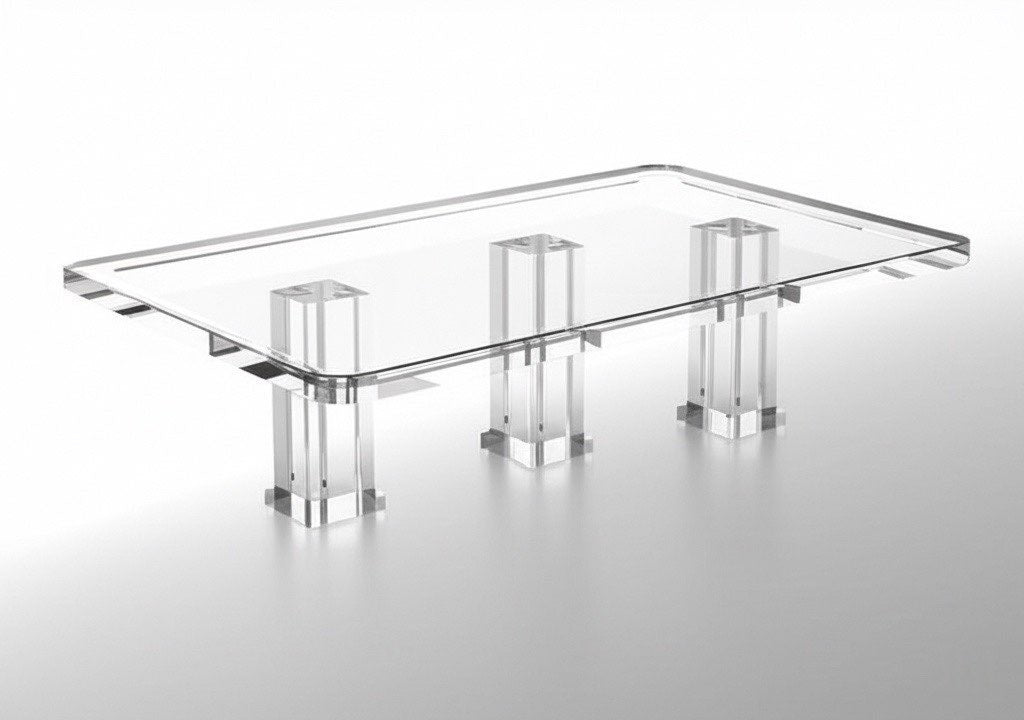Side view of Modern Clear Acrylic Coffee Table With Sculptural Base displaying the triple pedestal-style legs for stability.