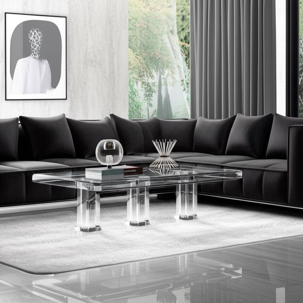 Top view of the Modern Clear Acrylic Coffee Table With Sculptural Base demonstrating its spacious surface area.