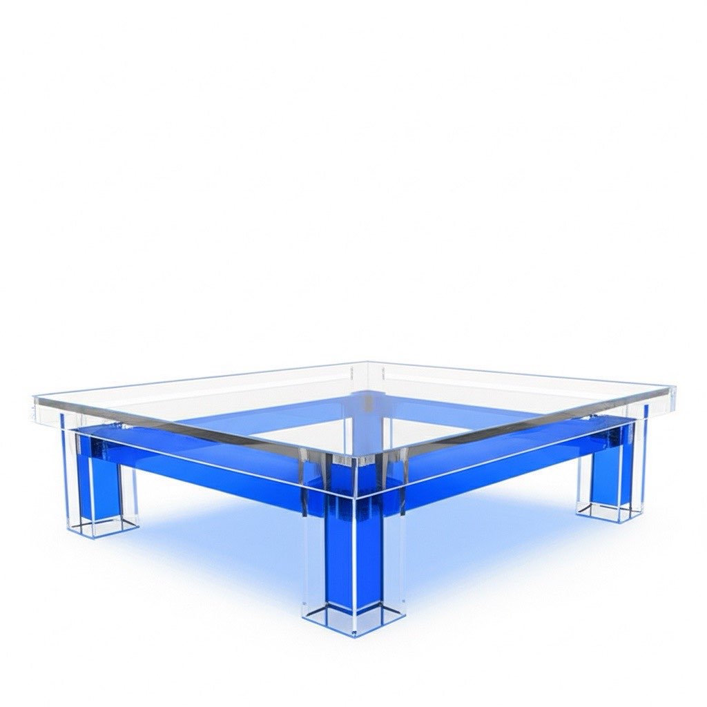 AquaLux modern acrylic coffee table displayed in a minimalistic decor, emphasizing its unique design and elegance in a stylish home.