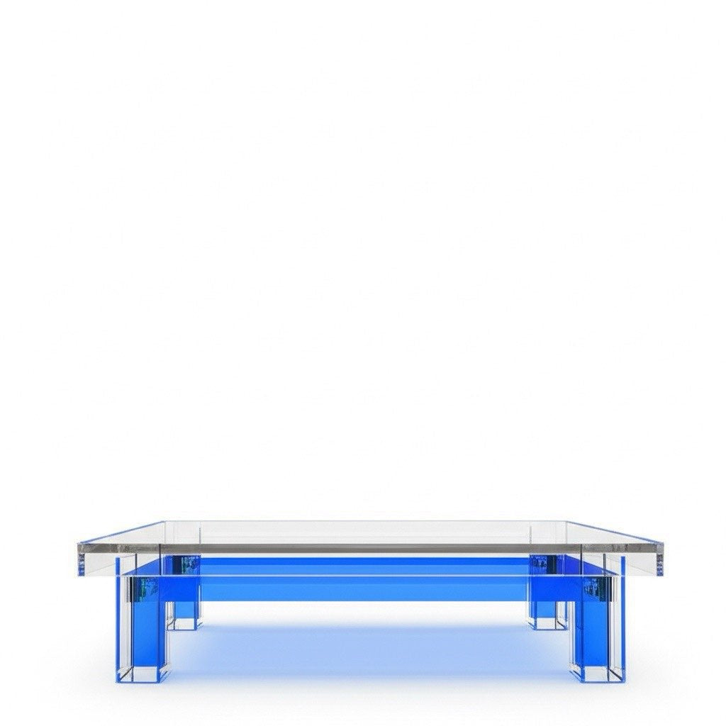 A full view of the AquaLux modern acrylic coffee table as the centerpiece of a contemporary living space, enhancing the room's overall aesthetic.