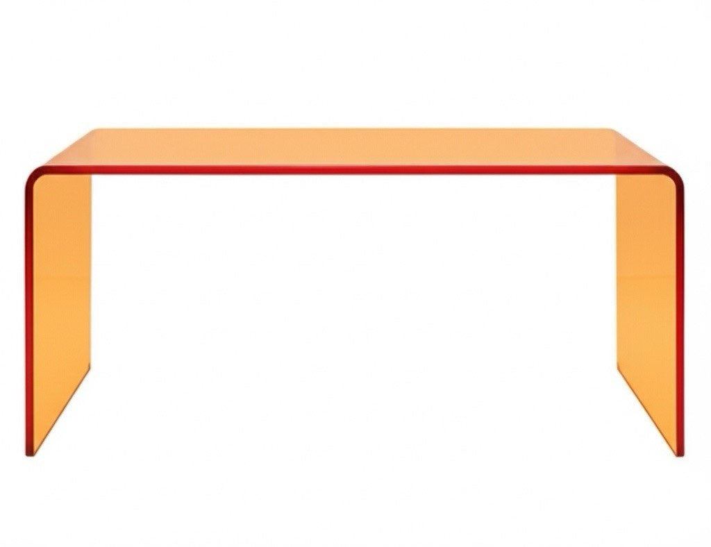 Close-up view of the Luminous Curve: Waterfall Acrylic Console in Transparent Orange, highlighting the clarity and thickness of the acrylic material.