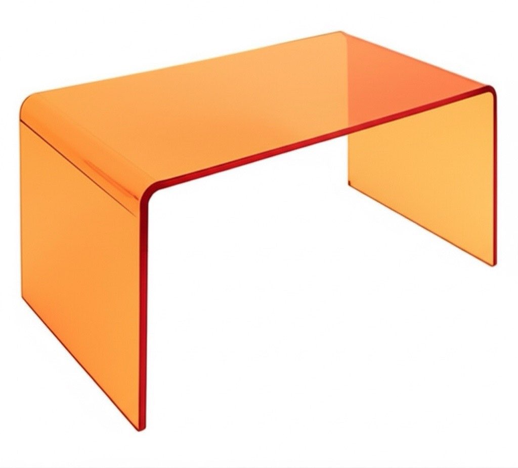 Luminous Curve: Waterfall Acrylic Console in Transparent Orange displayed elegantly in a commercial space.