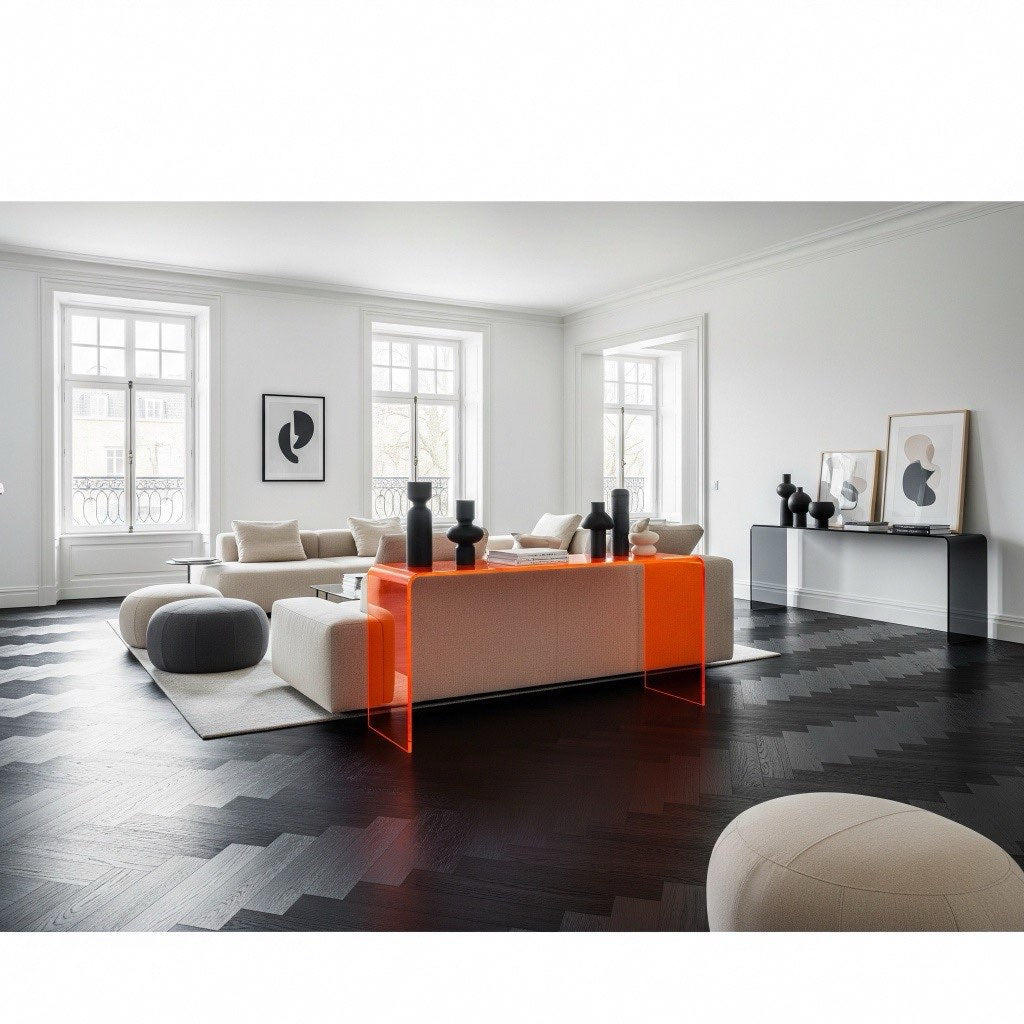 Luminous Curve: Waterfall Acrylic Console in Transparent Orange standing in a stylish living room.
