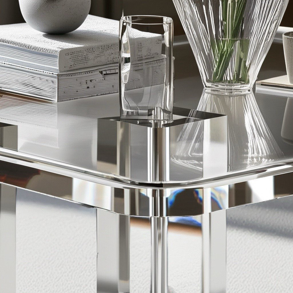 Lifestyle shot of the Modern Clear Acrylic Coffee Table With Sculptural Base in a high-end apartment decor.