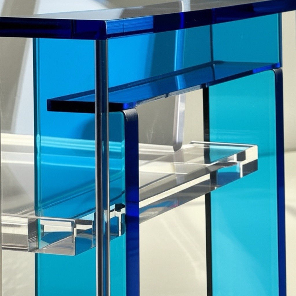 Close-up of the ACRYLIC bench with rich blue accents highlighting the play of light on its unique surfaces.
