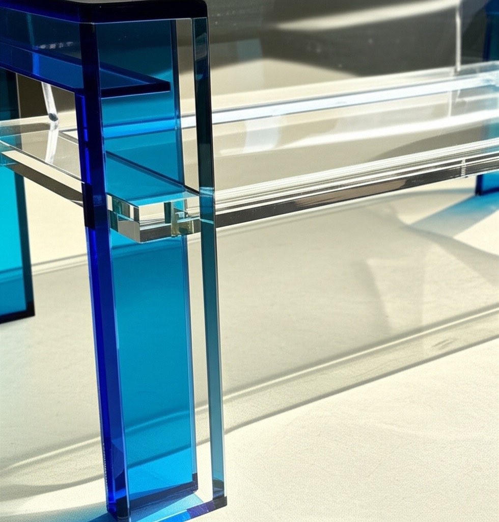 Side view of the Sculptural Acrylic Bench featuring bold geometric shapes and vivid blue side panels.
