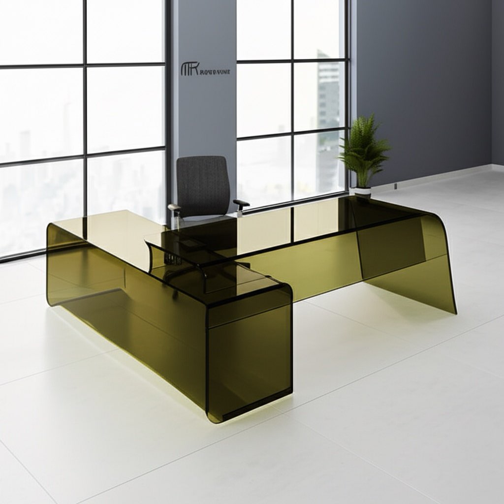 Close-up view of modern transparent olive oil acrylic desk highlighting the elegant, sculptural silhouette and rich color.
