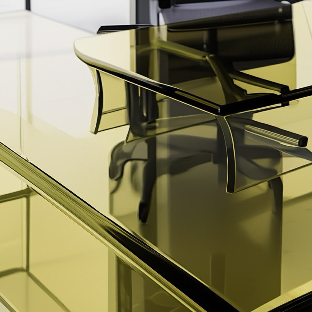 Modern transparent olive oil acrylic desk in a stylish office setup, demonstrating the perfect blend of functionality and minimalist luxury design.