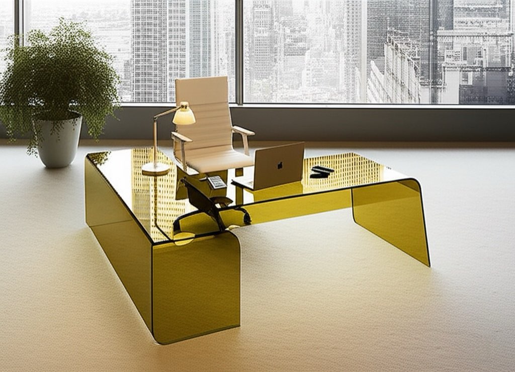 Side view of modern transparent olive oil acrylic desk with integrated console, emphasizing its clean lines and functional workspace.
