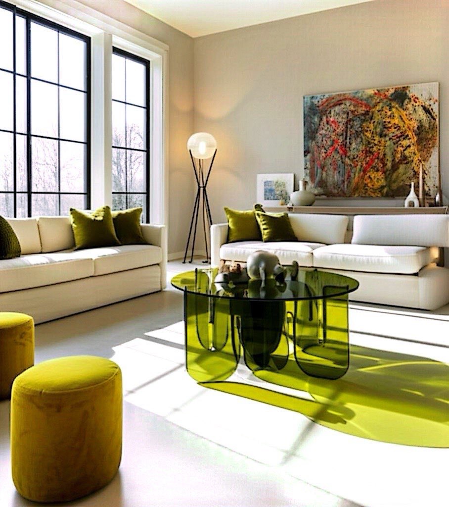 Modern Olive Oil Wave Lucite Table showcasing its elegant round top and wave-shaped base, crafted from 10 mm thick acrylic.