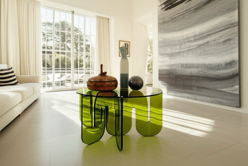 Olive Oil Wave Lucite Table displayed in a contemporary living room setting, emphasizing its sculptural form and stylish presence.
