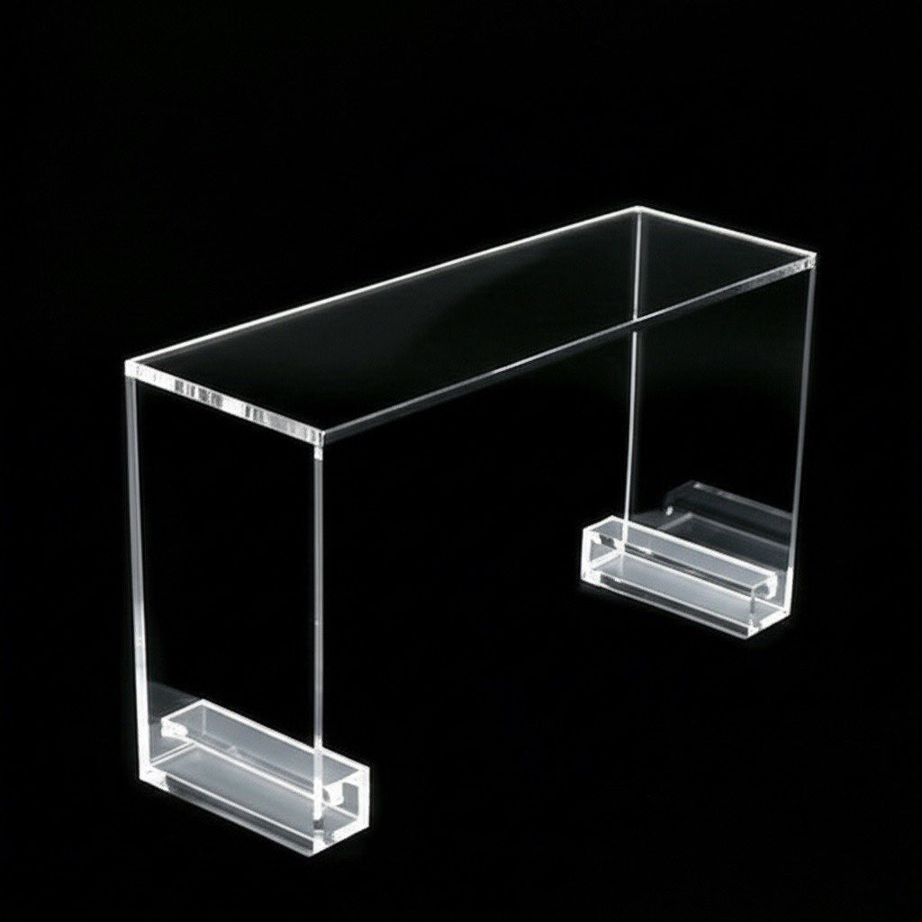 A side view of the Modern Sculptural Lucite Console Table, showcasing its elegant design and transparent finish, ideal as a buffet or desk in contemporary spaces.