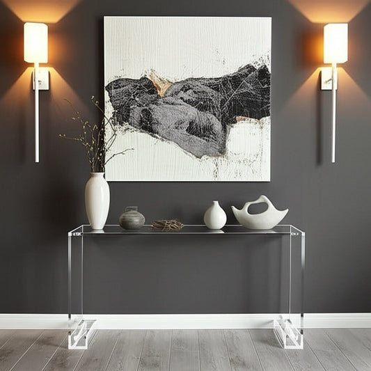 Modern Sculptural Lucite Console Table with Sleek Transparent Design and Minimalist Elegance featuring a clear acrylic surface and sturdy linear legs, perfect for any modern living room.