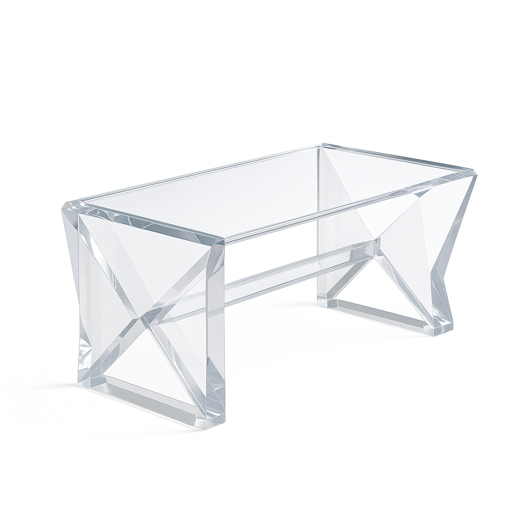 Close-up of X Prism Lucite Coffee Table with geometric prism legs, emphasizing its 30mm thick acrylic material.