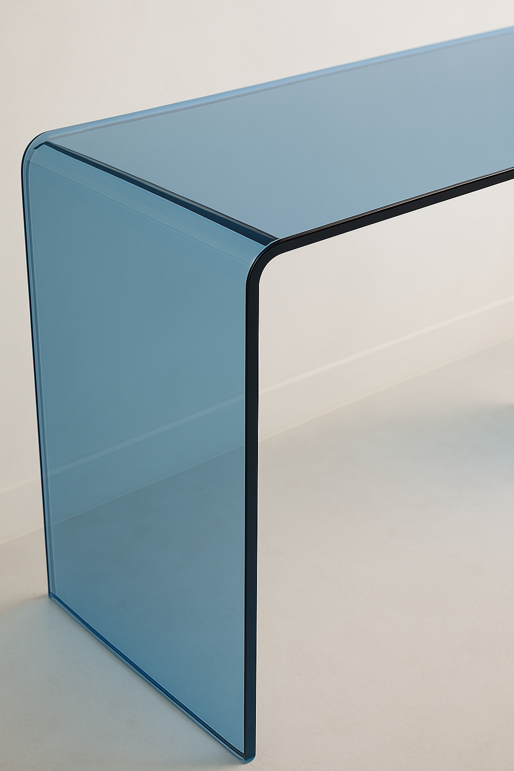 Interior view of the MODERN BLUE U LUCITE CONSOLE TABLE with decor items, representing its versatility as a modern console table in stylish spaces.