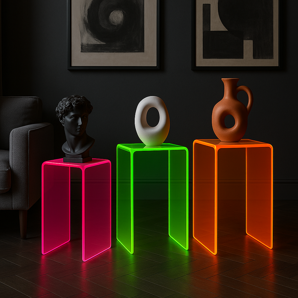 Close-up of the Acrylic Neon Pedestal set, highlighting the intricate details and high-quality neon acrylic material - a must-have neon acrylic pedestal set.