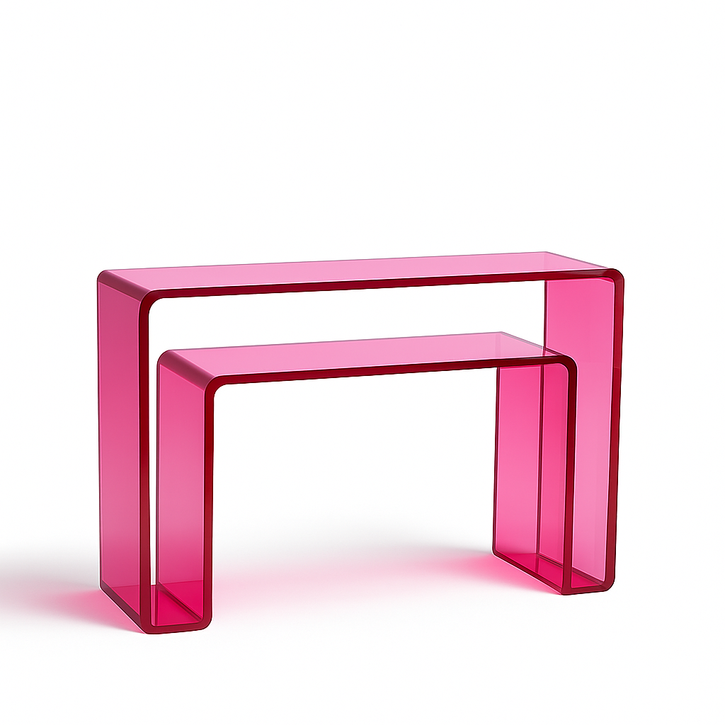 Full-length shot of the Acrylic Double-Decker Transparent Fuchsia Console in a stylish room setting, making it an attractive transparent fuchsia table.