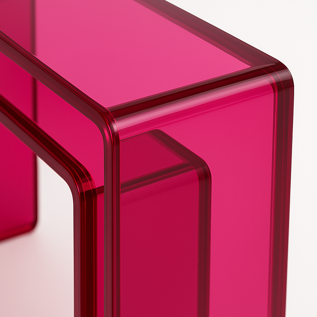 Close-up of the Acrylic Double-Decker Transparent Fuchsia Console, emphasizing its smooth surface and contemporary design, ideal for any space.