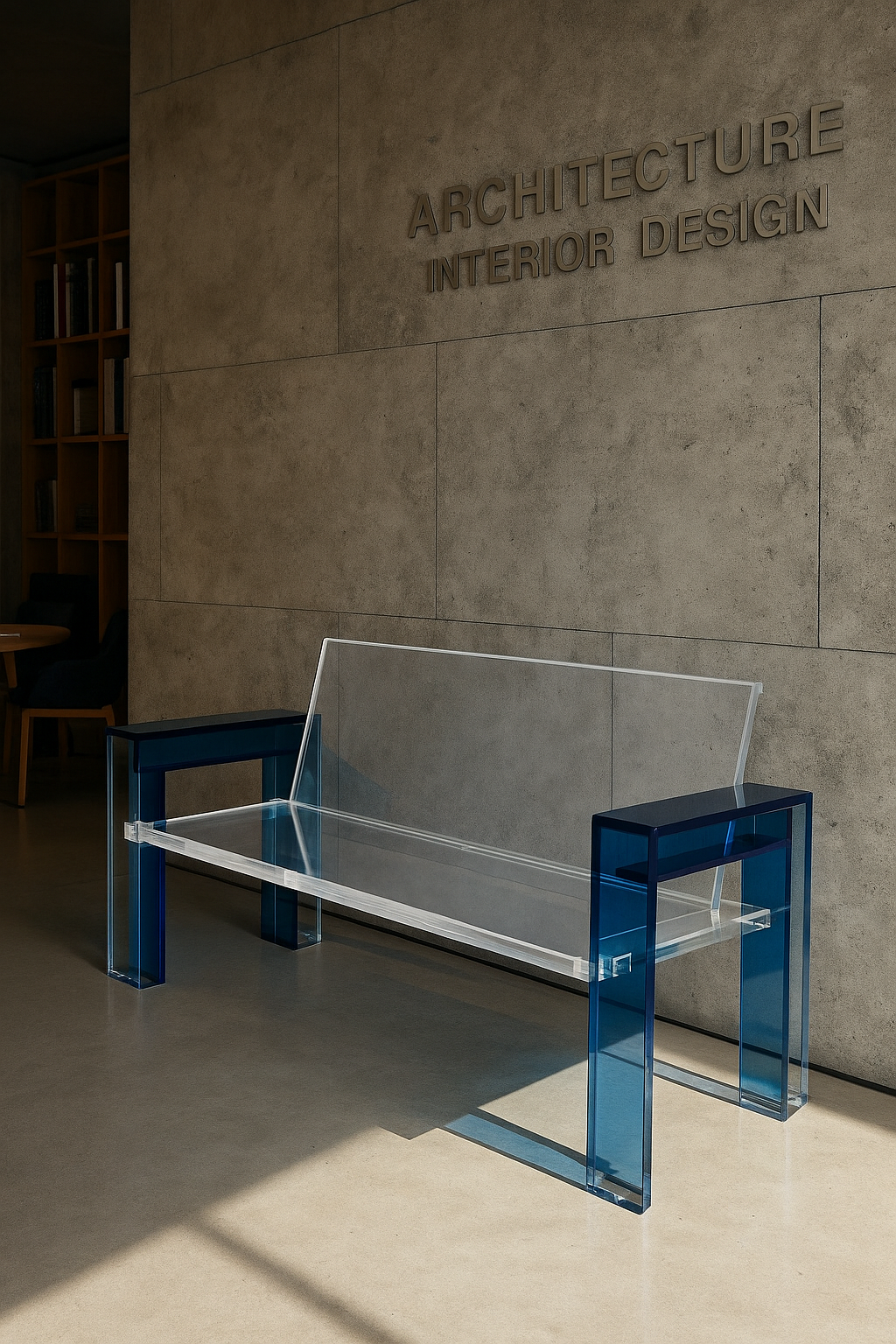 The unique design of the Sculptural Acrylic Bench with Blue Accents, crafted from premium Lucite, elevating any interior.